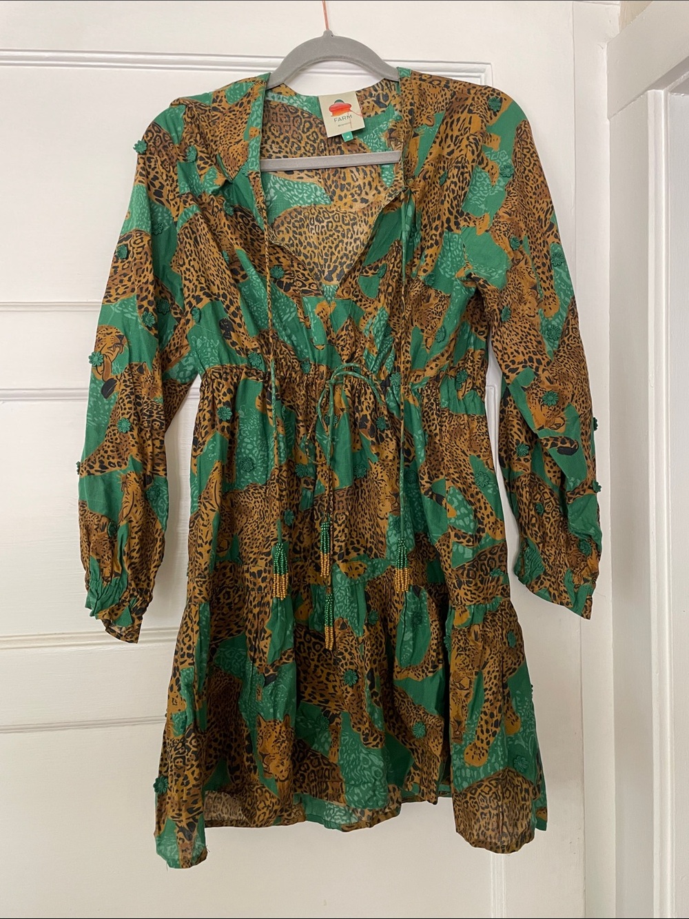 Farm Rio Leopard print emerald green dress